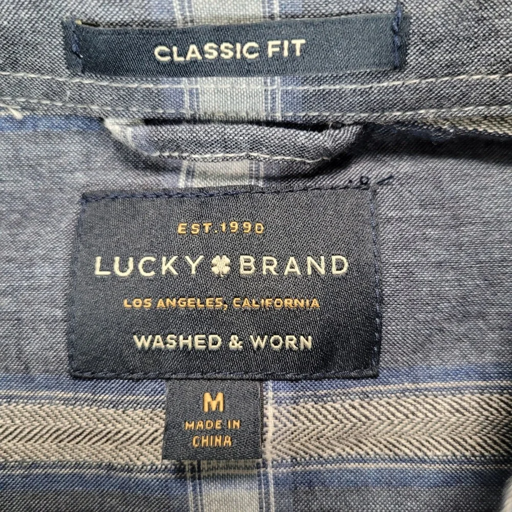 Lucky Brand Mens Medium Blue White Plaid Classic Fit Button Up Shirt Washed Worn
